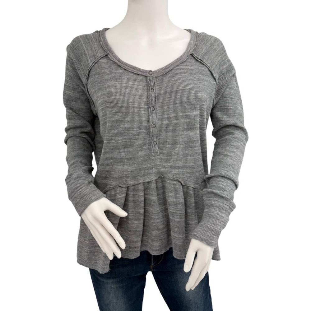 WE THE FREE PEOPLE Coastline Gray Thermal Peplum‎ Henley Long Sleeve Top Small